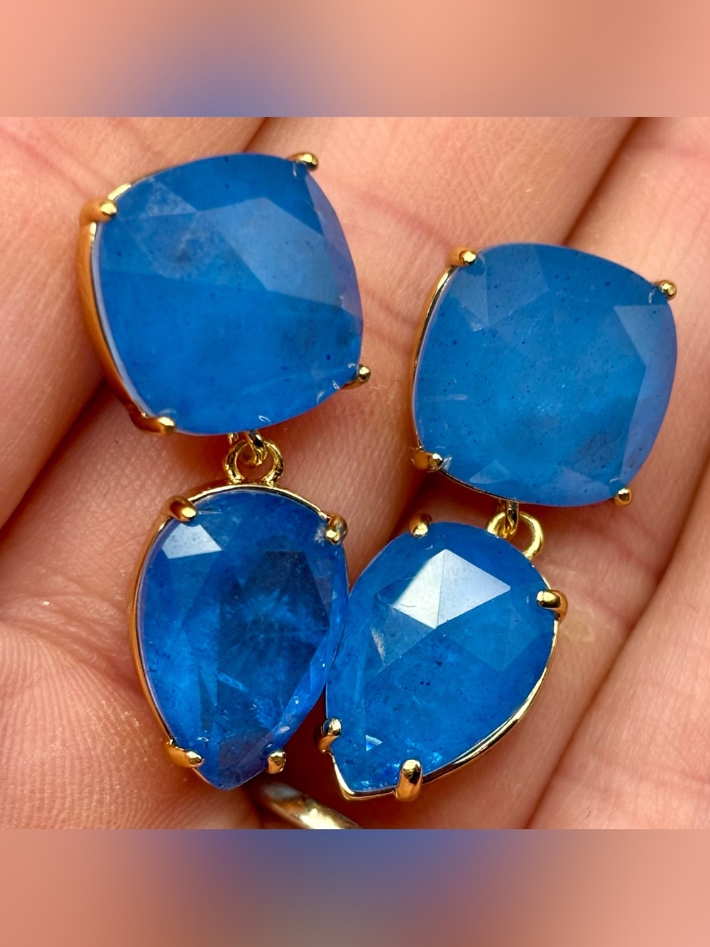 Gold Tone Blue Stone Drop Earrings Faceted Pear Cushion Teardrop Dangle 1”